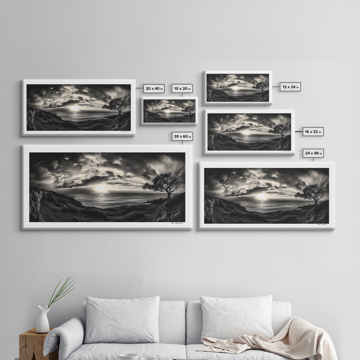 Dramatic Ocean Sunset, Coastal Tree, Monochrome Landscape, Canvas Print, Living Room Wall Art, Surreal Nature View, Oceanview Print