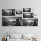Man Watching Sea, Stormy Ocean View, Emotional Scene, Canvas Print, Moody Coastal Decor, Office Wall Art, Nautical Monochrome Style
