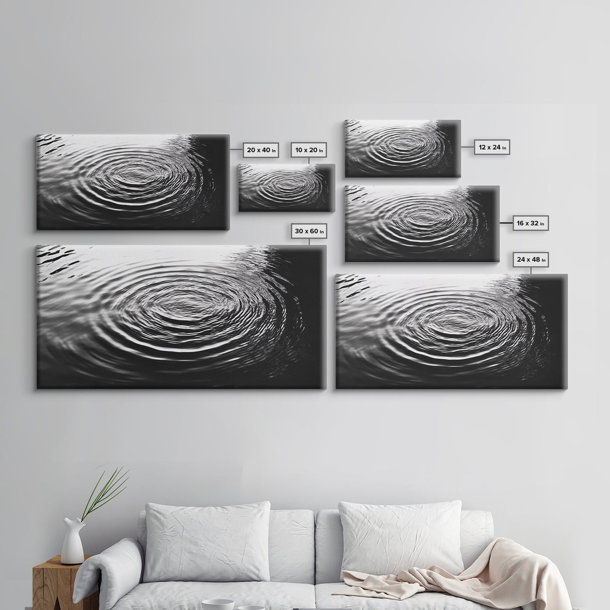 Water Ripples Zen, Abstract Motion, Monochrome Fluid Art, Canvas Print, Modern Minimalist Wall Art, Bathroom or Spa Room Decor