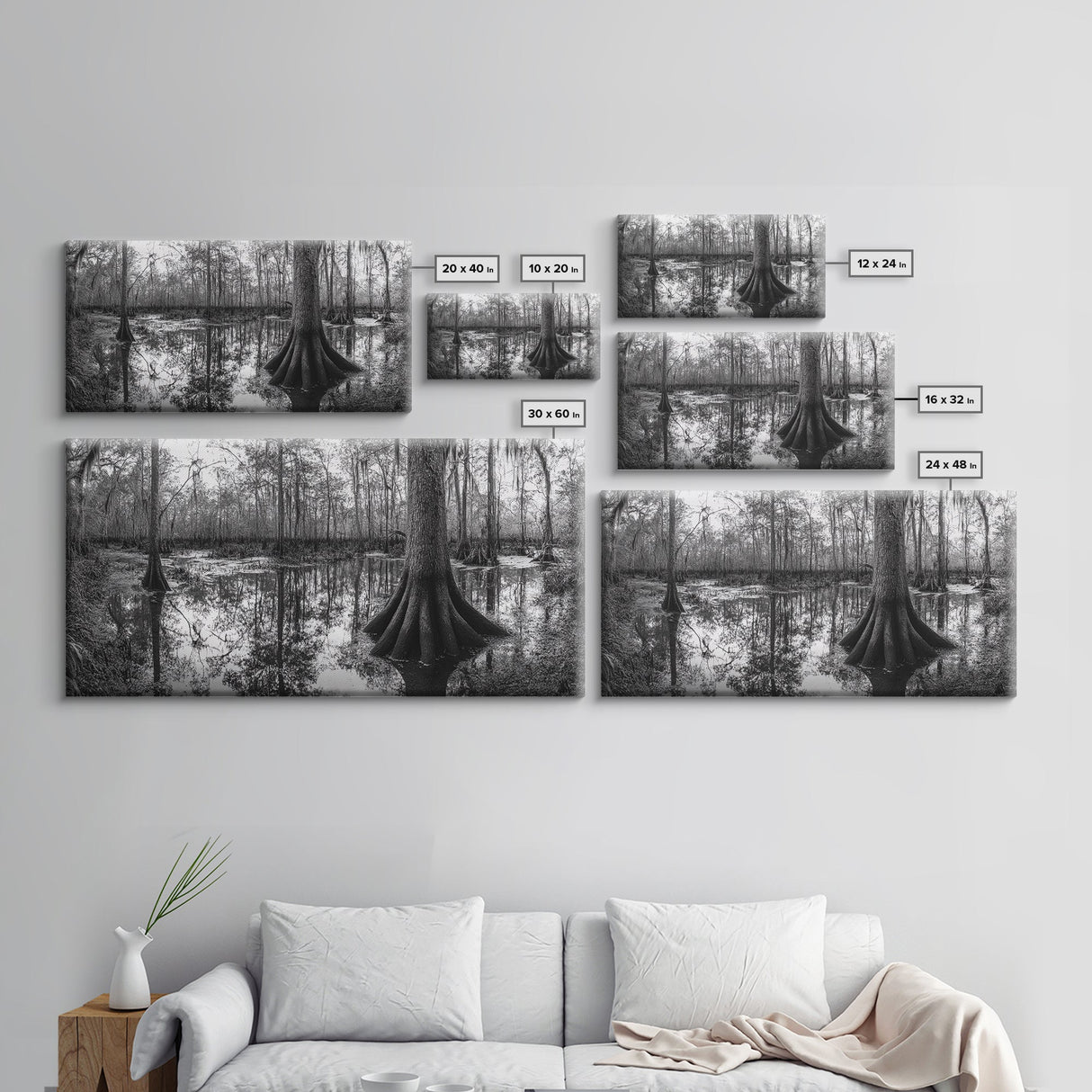 Swamp Trees, Cypress Water, Nature Reflections, Marsh Scene, Framed Canvas Print, rustic cabin decor, hallway wall art, forest wall print