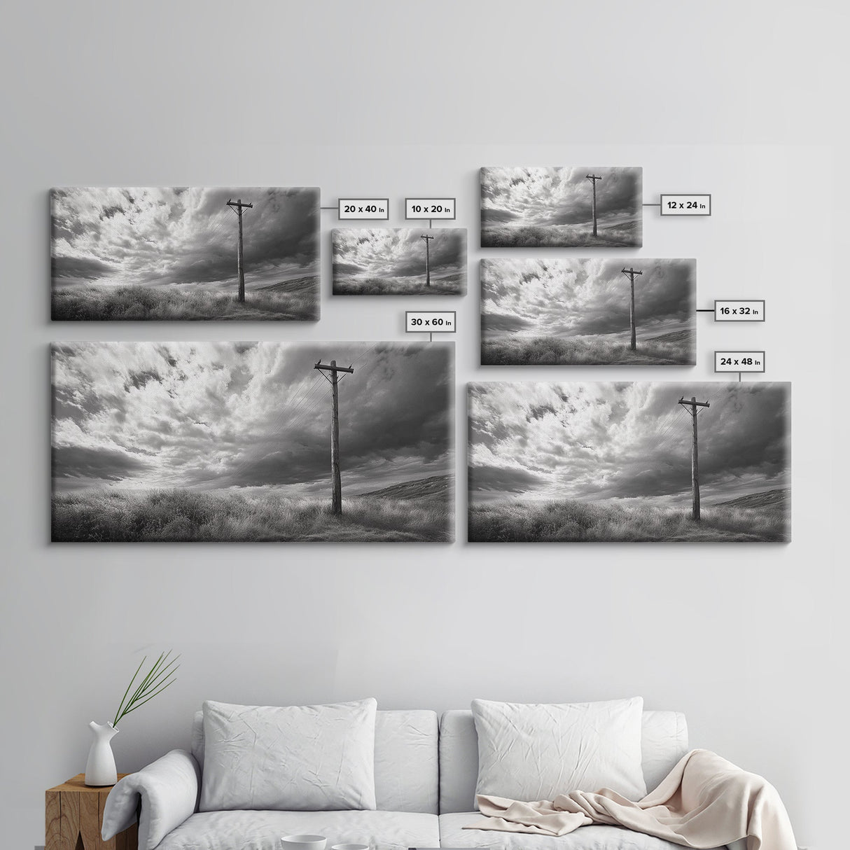Power Pole, Rural Landscape, Stormy Sky, Country Calm, Framed Canvas Print, farmhouse entryway wall art, rustic black and white print