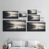Seagull, Stormy Beach, Reflective Shore, Moody Sky, Framed Canvas Print, coastal bedroom decor, peaceful nature art, minimalist seascape