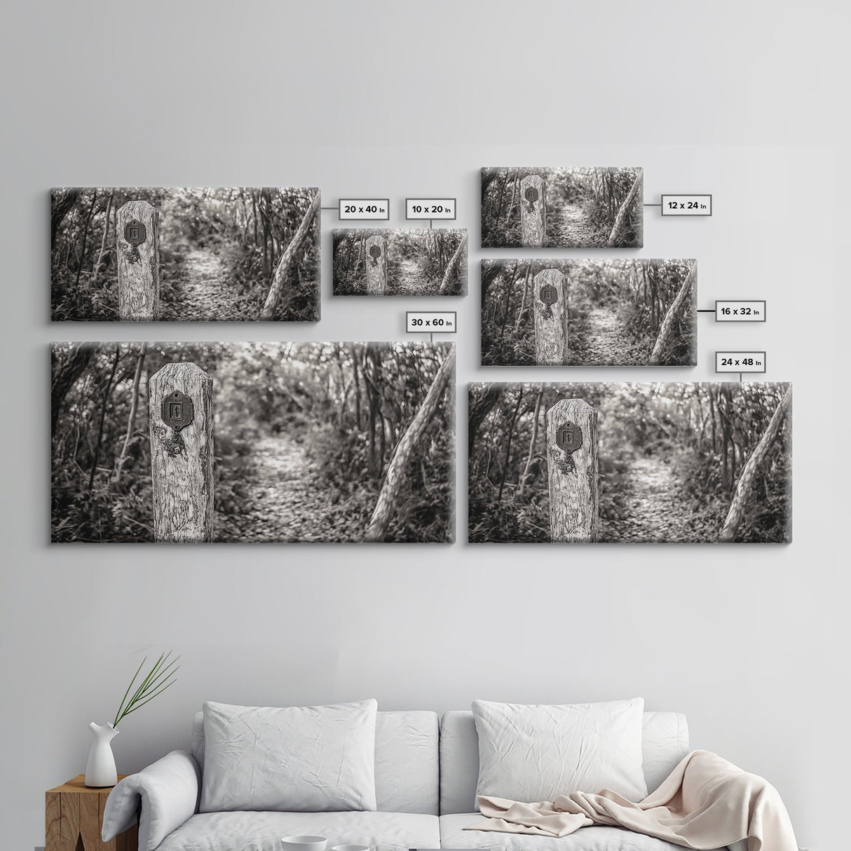 Trail Marker, Wooded Path, Rustic Forest, Natural Journey, Framed Canvas Print, farmhouse decor, nature lover gift, Autumn entryway art