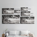 Ocean View, Coastal Trees, Cliffside Vista, Light and Shadows, Framed Canvas Print, landscape wall art, modern beach decor, boho living room