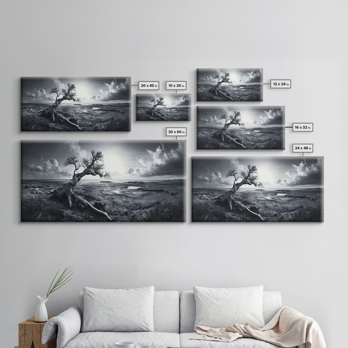 Windswept Tree, Coastal Landscape, Stormy Sky, Canvas Print, Desert Wall Art, Rustic Living Room Decor, Dramatic Minimalist Artwork