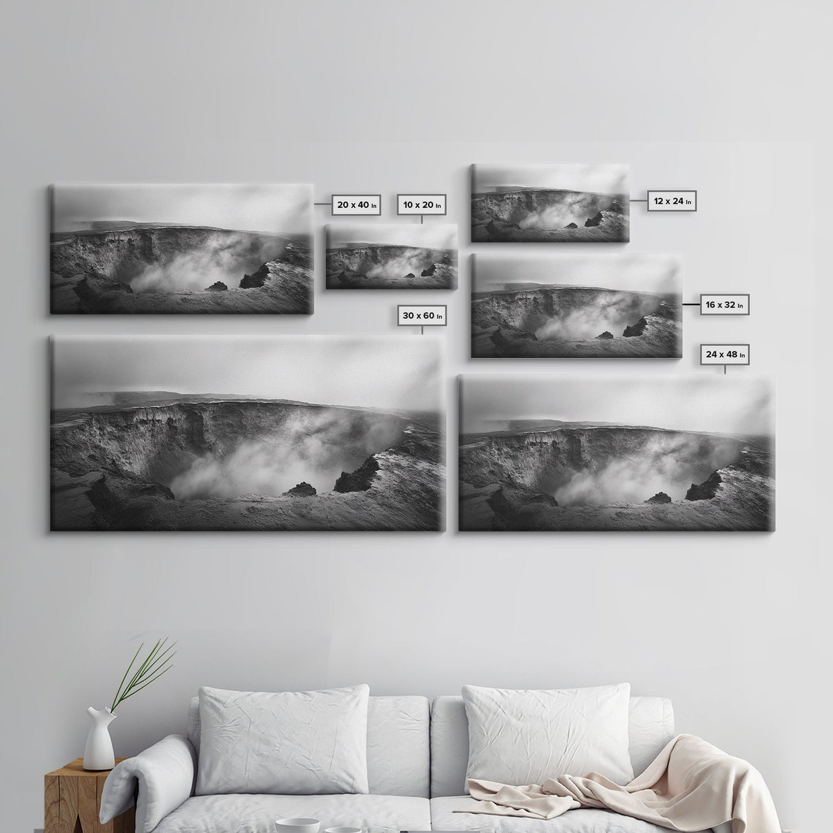 Volcanic Crater, Smoky Earth, Epic Landscape, Framed Canvas Print, Dramatic Nature Art, Study Room Decor, Moody Monochrome Photography