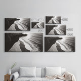 Shoreline Light, Coastal Waves, Cliff Shadow, Beach Edge, Framed Canvas Print, Ocean Minimalist Art, Bathroom Wall Decor