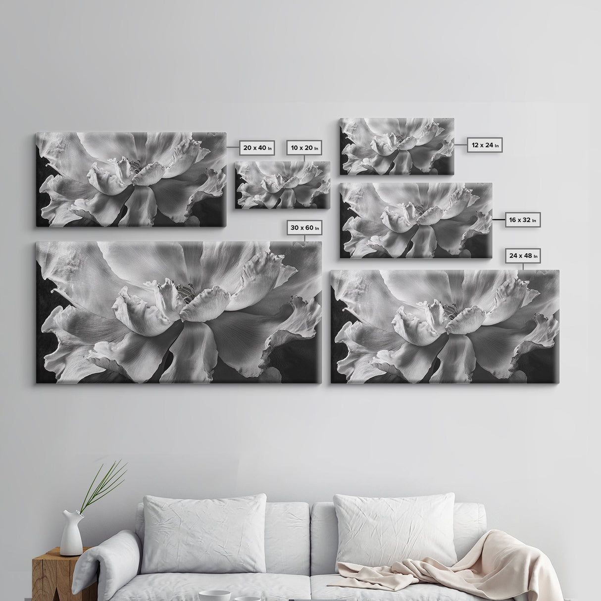 Floral Closeup, Petal Texture, Macro Bloom, Canvas Print, Botanical Bedroom Wall Art, Black And White Flower, Modern Nature Photography