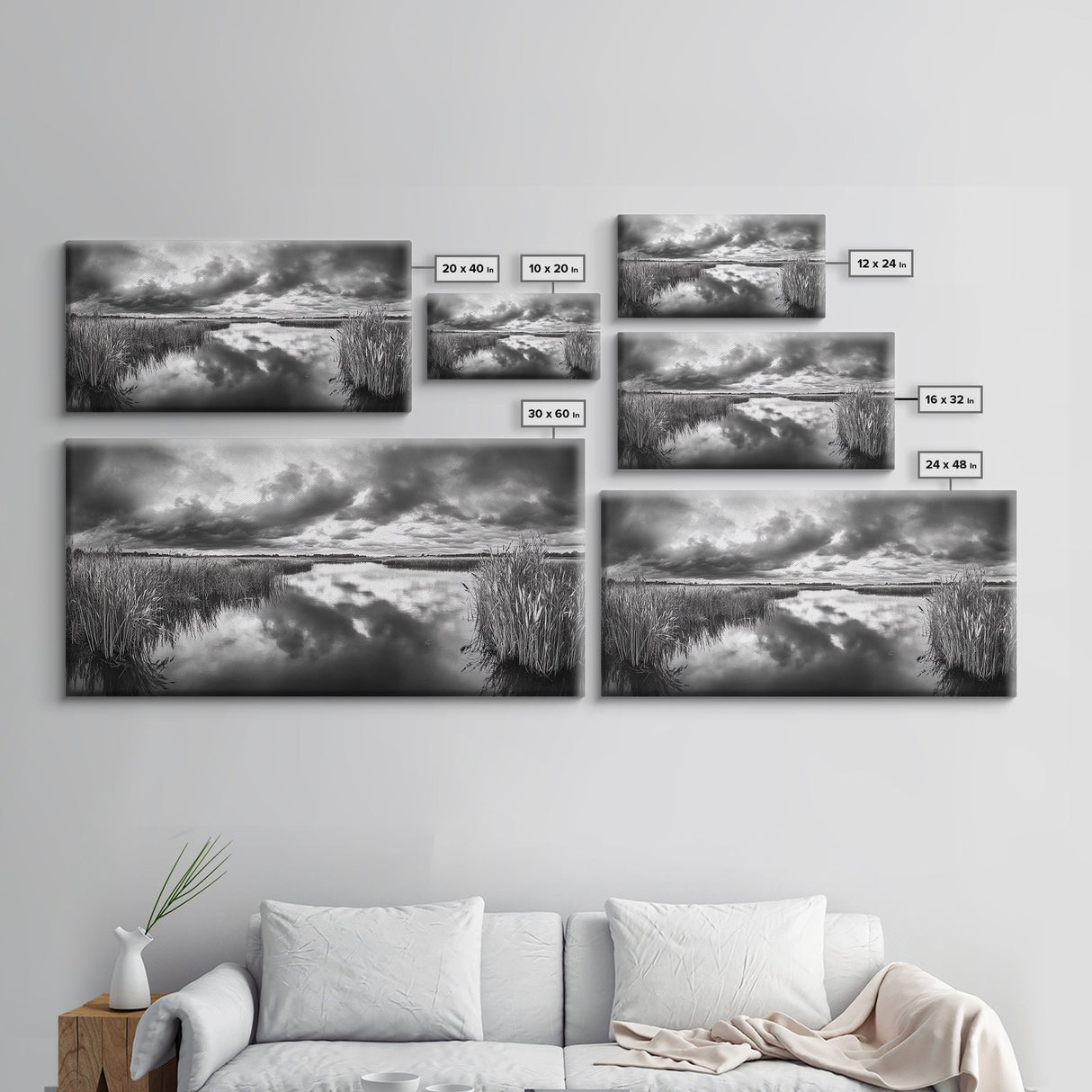 Stormy Marsh, Cloudy Sky, River Reflection, Framed Canvas Print, Nature Wall Art, Moody Landscape, Autumn Decor, Office Or Study Artwork