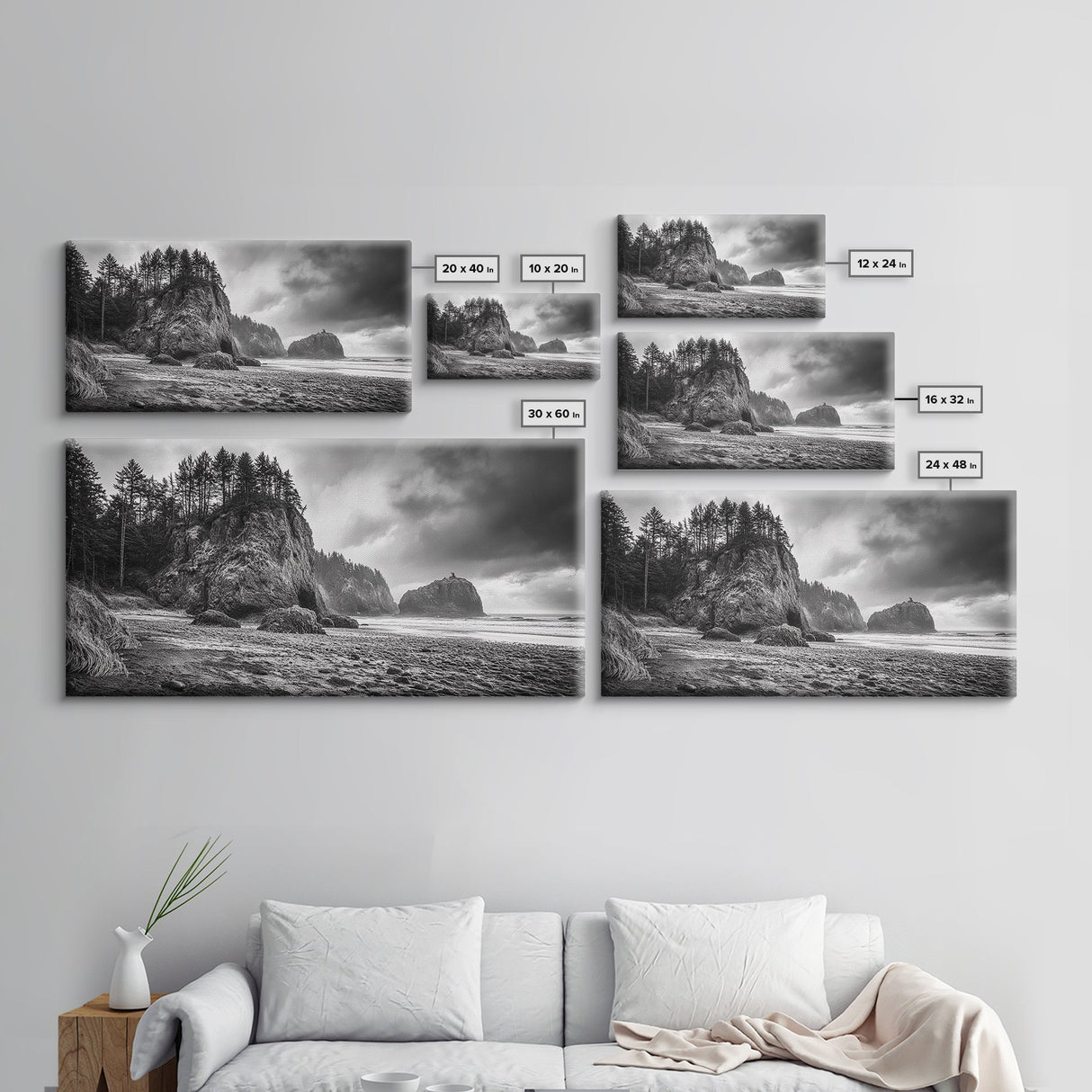 Coastal Rocks, Forest Cliffs, Moody Ocean, Framed Canvas Print, Pacific Northwest Wall Art, Dramatic Seascape, Autumn Nature Photography
