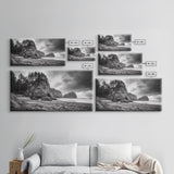 Coastal Rocks, Forest Cliffs, Moody Ocean, Framed Canvas Print, Pacific Northwest Wall Art, Dramatic Seascape, Autumn Nature Photography