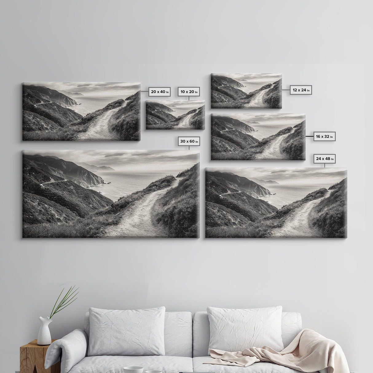 Cliffside Trail Path, Coastal Hiking Print, Rugged Ocean View, Nature Adventure Wall Art, Rustic Modern Decor, Framed Canvas Print