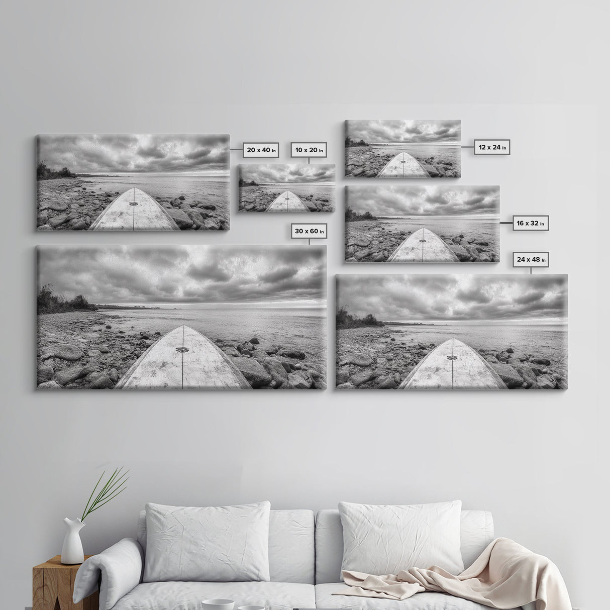 Surfboard, Rocky Shore, Cloudy Sea, Coastal Adventure, Beach Aesthetic, Canvas Print, Minimalist Ocean Art, Nautical Wall Decor, Bathroom Wall Art