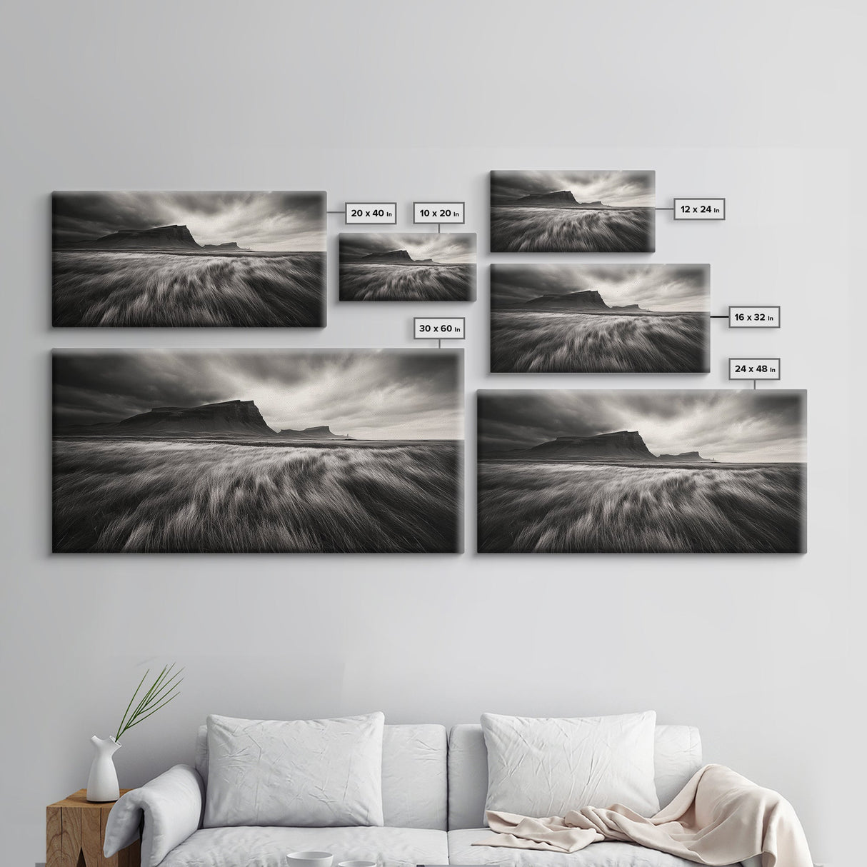 Grassy Plains, Stormy Sky, Dramatic Mountain, Monochrome Field, Canvas Print, Modern Minimalist Art, Office Wall Decor, Moody Wall Art