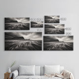 Grassy Plains, Stormy Sky, Dramatic Mountain, Monochrome Field, Canvas Print, Modern Minimalist Art, Office Wall Decor, Moody Wall Art