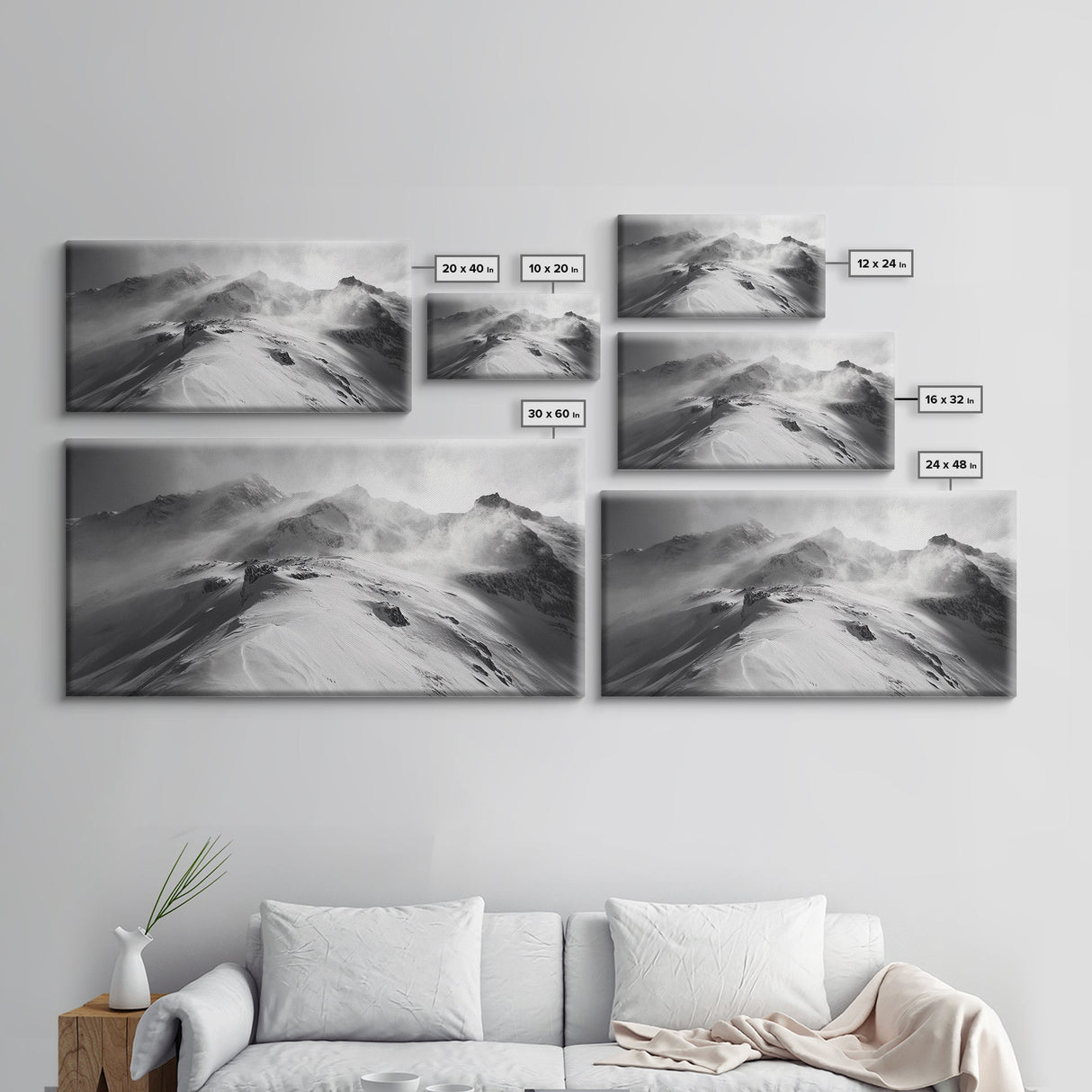 Snowy Peak, Windy Mountain, Winter Landscape, Framed Canvas Print, Black and White Art, Cabin Wall Decor, Moody Alpine Art, Rustic Wall Art