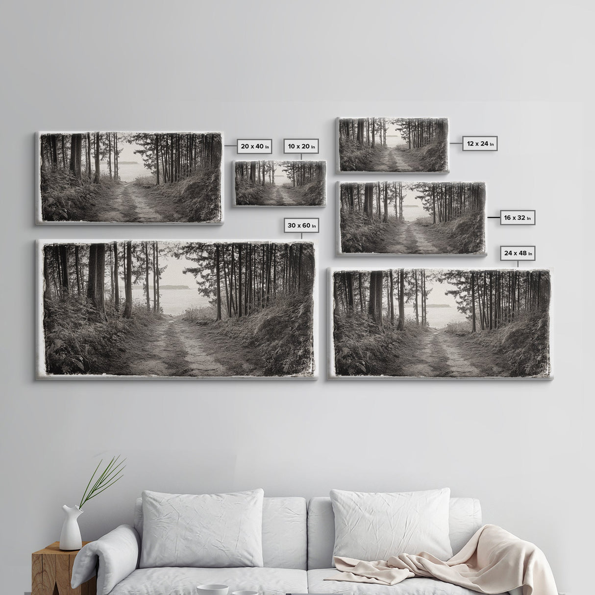 Forest Path, Island View, Vintage Border, Nature Trail, Canvas Print, Sepia Landscape Art, Entryway Wall Art, Woodland Photography Style