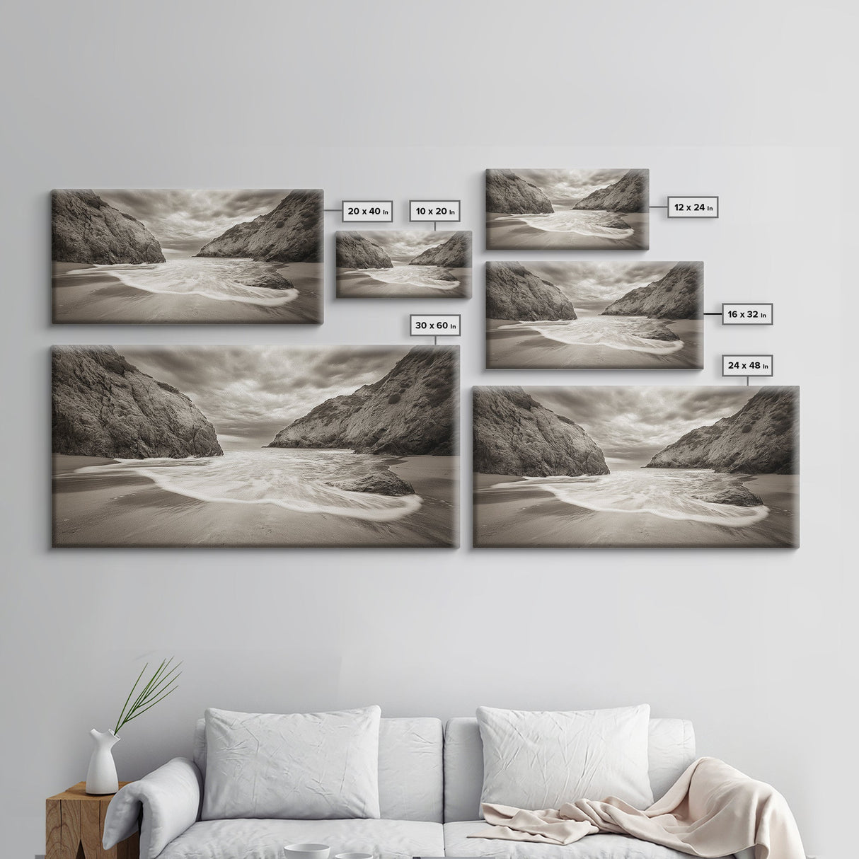 Secluded Beach Cove, Coastal Seascape, Sepia Landscape Art, Framed Canvas Print, Bathroom or Bedroom Wall Decor, Nature Inspired