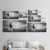 Sea Bird, Rocky Shore, Stormy Horizon, Coastal Watcher, Canvas Print, Nature Photography Art, Bedroom Decor, Ocean Wildlife
