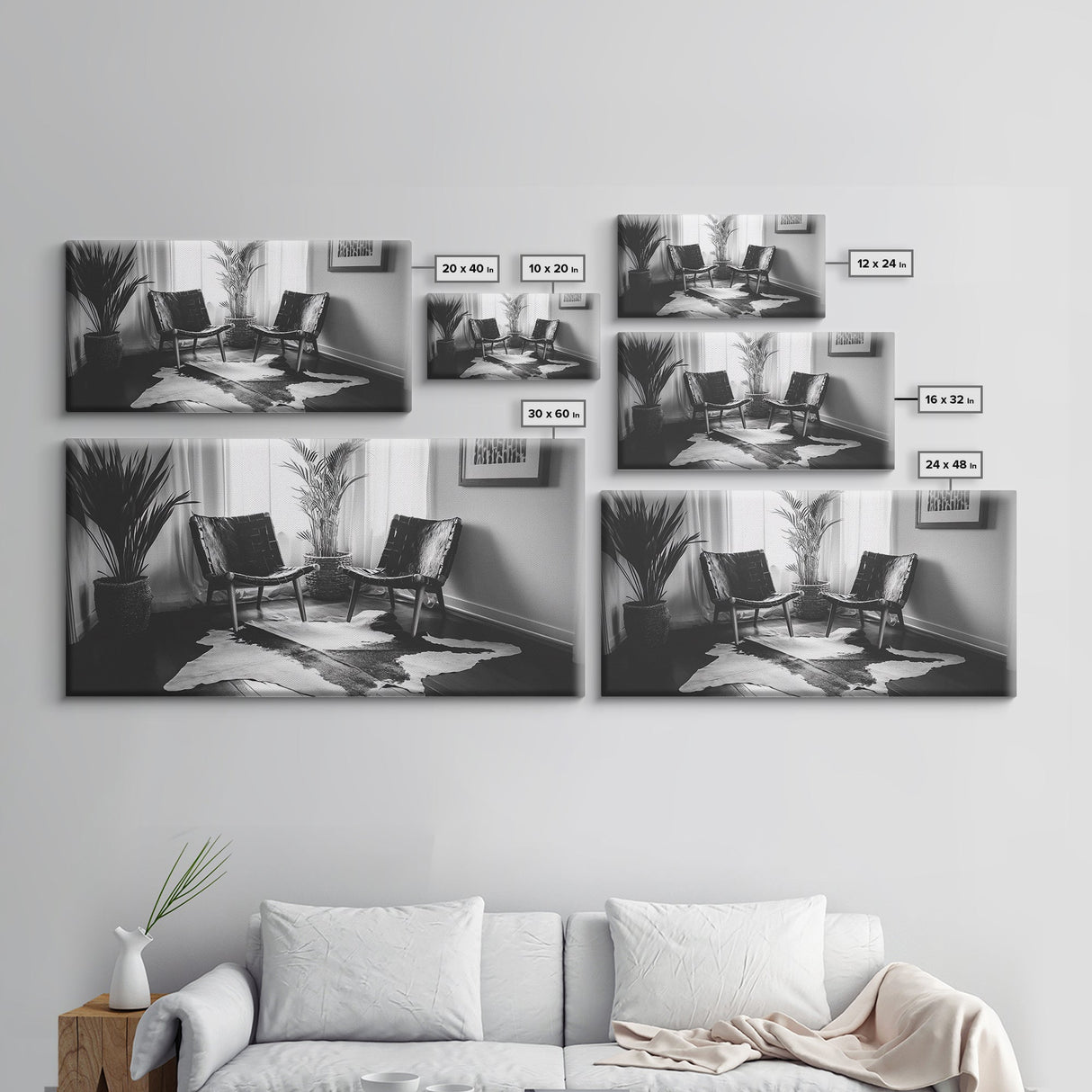 Leather Chairs, Cowhide Rug, Indoor Plants, Modern Farmhouse, Framed Canvas Print, Minimalist Living Room Art, Cozy Home Decor
