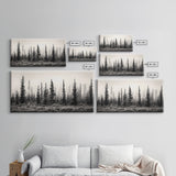 Misty Pines, Evergreen Forest, Morning Fog, Monochrome Nature, Canvas Print, Fall Entryway Wall Art, Woodland Boho Home Decor