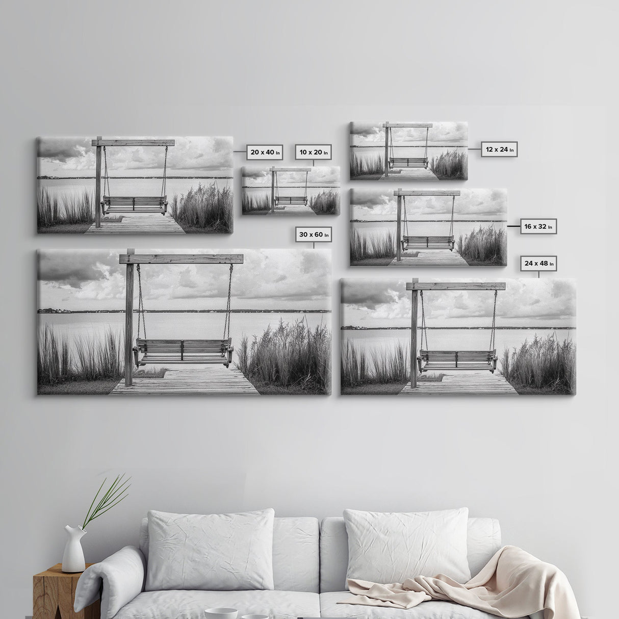 Rustic Lake Swing, Tranquil Nature Scene, Porch Art, Landscape Photography, Framed Canvas Print, Country Decor, Living Room Wall Art