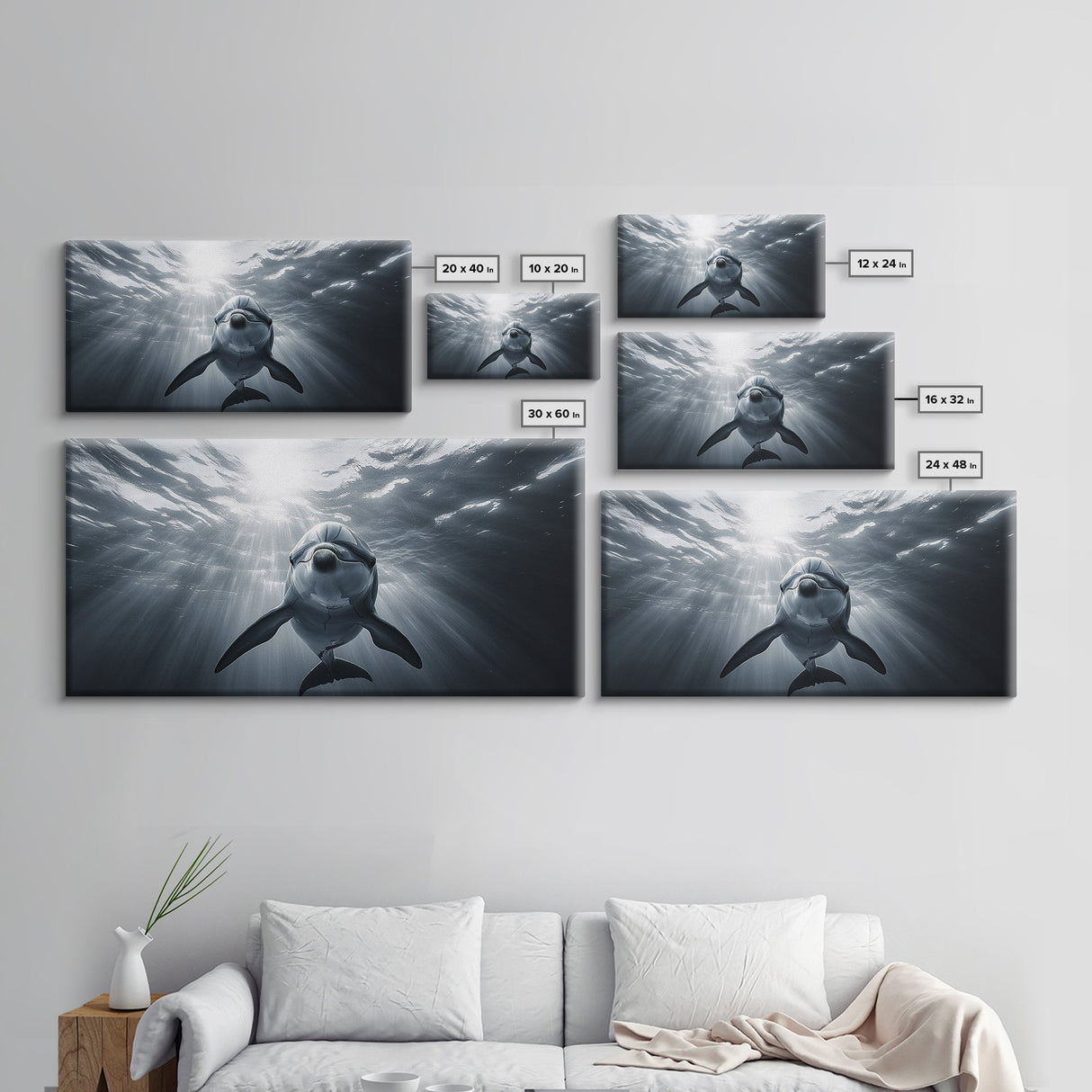 Underwater Dolphin, Ocean Wildlife Art, Marine Animal Decor, Coastal Vibes, Canvas Print, Bathroom Wall Art, Nautical Themed Room
