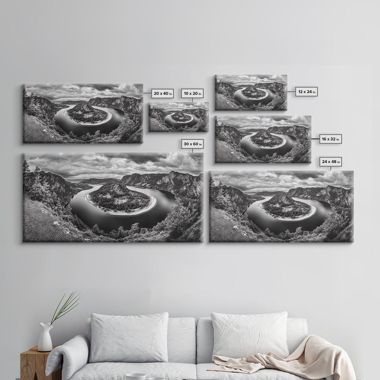 River Bend Landscape, Mountain View Aerial, Nature Panorama Scene, Framed Canvas Print, Cabin Wall Art, Adventure Boho Art, Living Room Wall Art