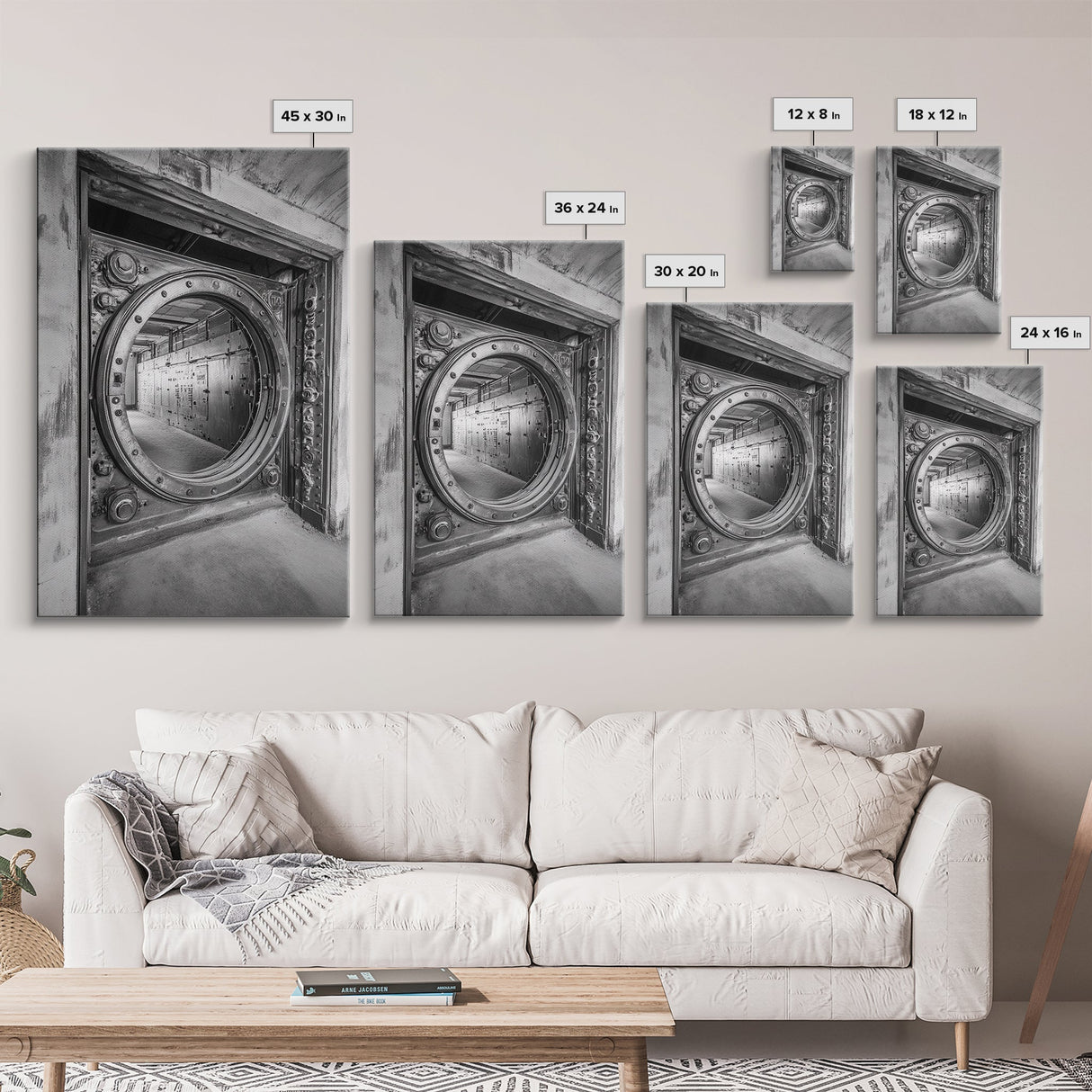 Bank Vault Door, Industrial Design, Urban Texture, Canvas Print, Masculine Office Decor, Steampunk Wall Art, Black White Print