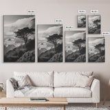 Tree On Cliffs, Foggy Coastline, Monochrome Coastal View, Moody Nature Scene, Framed Canvas Print, Bedroom Wall Art, Earthy Minimalist Decor