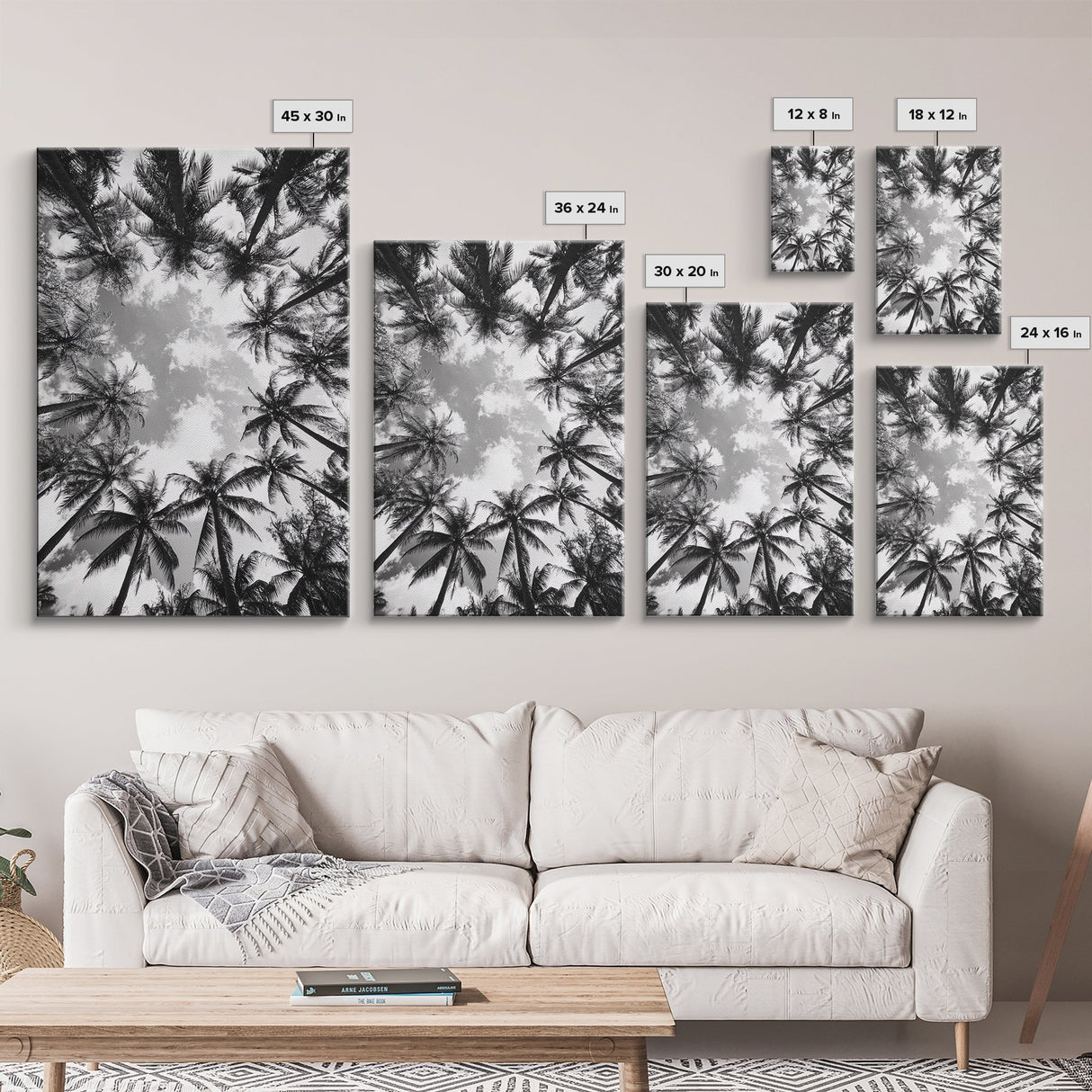 Palm Tree Sky, Tropical Canopy, Black and White Island View, Jungle Overhead Scene, Framed Canvas Print, Bathroom Wall Art, Beach Boho Decor