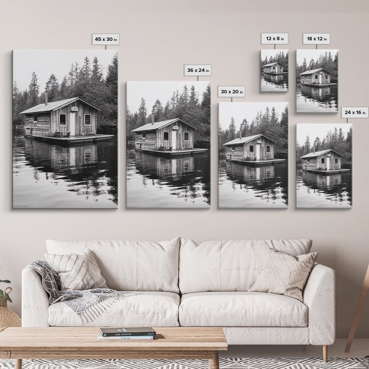 Floating Cabin, Lake House, Forest Reflection, Tranquil Waters, Framed Canvas Print, Bedroom Wall Art, Cabin Aesthetic, Rustic Nature Vibe