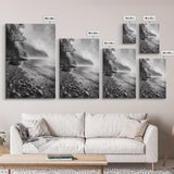 Foggy Coast, Moody Shore, Tranquil Pebbles, Forest Water, Framed Canvas Print, Bathroom Wall Art, Nature Photography Style, Calm Retreat Decor