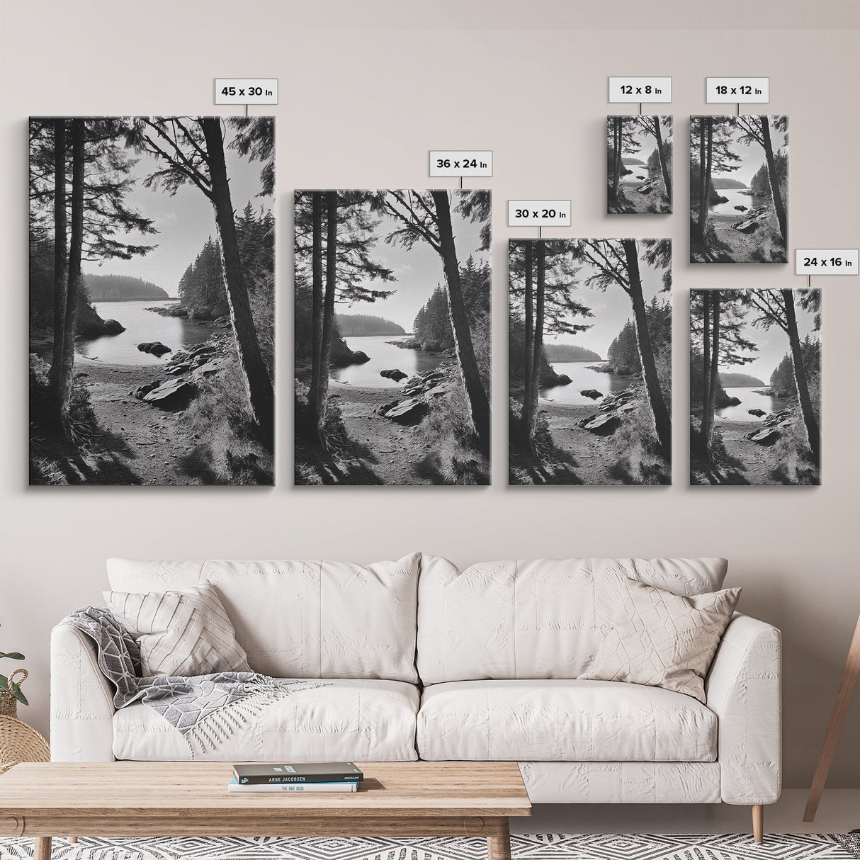 Woodland Cove Path, Tranquil Forest Scene, Nature Escape Art, Canvas Print, Cabin Wall Art, Coastal Boho Decor, Black White Landscape