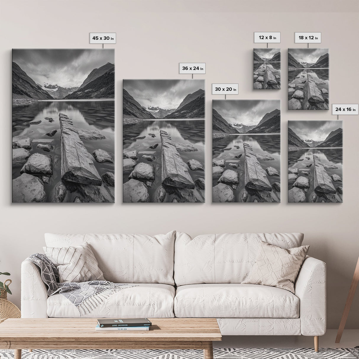 Mountain Lake Log, Alpine Serenity Scene, Tranquil Rock Shore, Canvas Print, Bedroom Wall Art, Nature Retreat, Minimalist Landscape