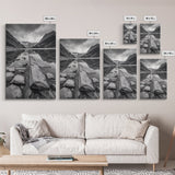 Mountain Lake Log, Alpine Serenity Scene, Tranquil Rock Shore, Canvas Print, Bedroom Wall Art, Nature Retreat, Minimalist Landscape