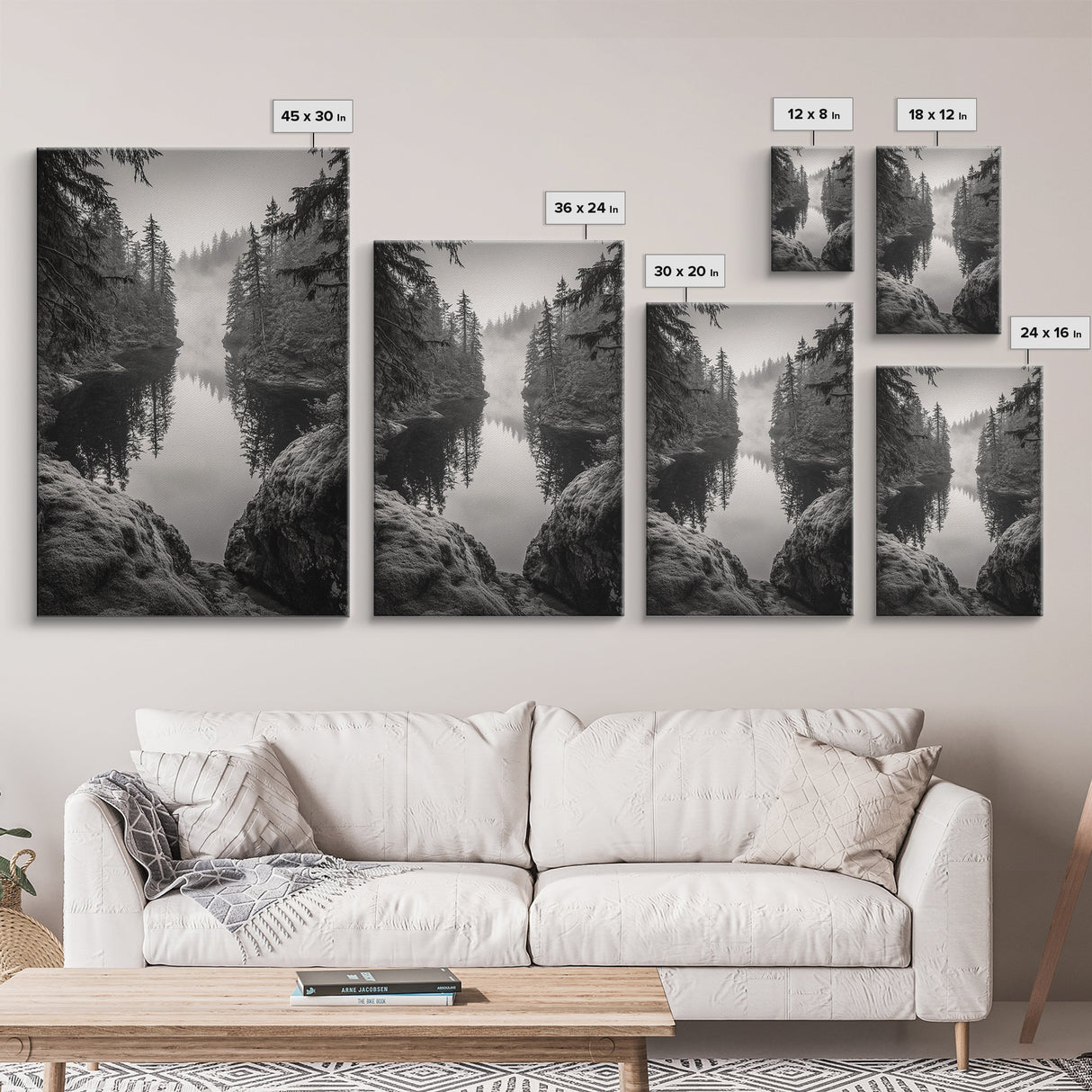 Misty Forest, River Reflection, Foggy Pines, Mountain Silence, Framed Canvas Print, Bedroom Wall Art, Tranquil Nature Photography, Zen Decor