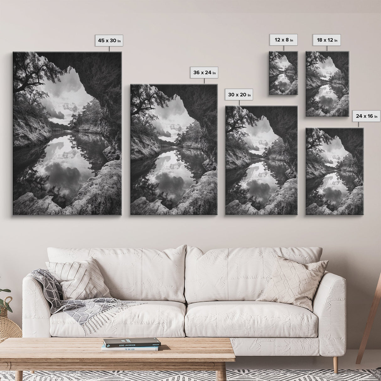 Serene River Reflection, Cave View, Monochrome Nature, Framed Canvas Print, Living Room Wall Art, Tranquil Landscape, Minimalist Decor