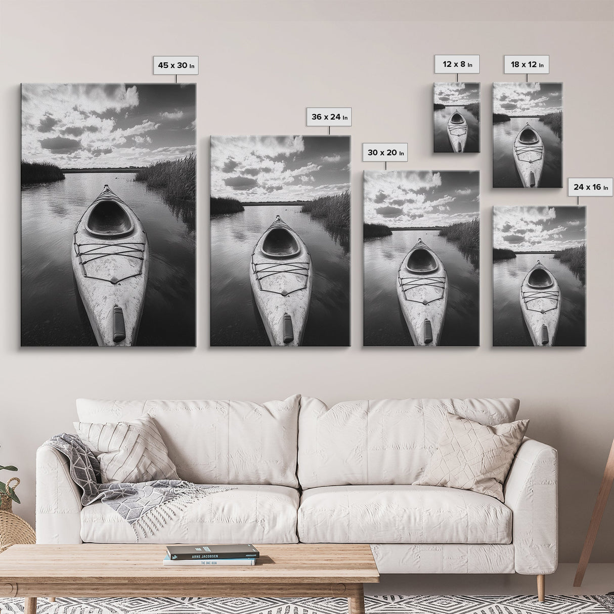 Kayak Lake View, Serene Water Landscape, Outdoor Adventure Art, Canvas Print, Cabin Wall Decor, Nature Lover Gift, Minimalist Water Art