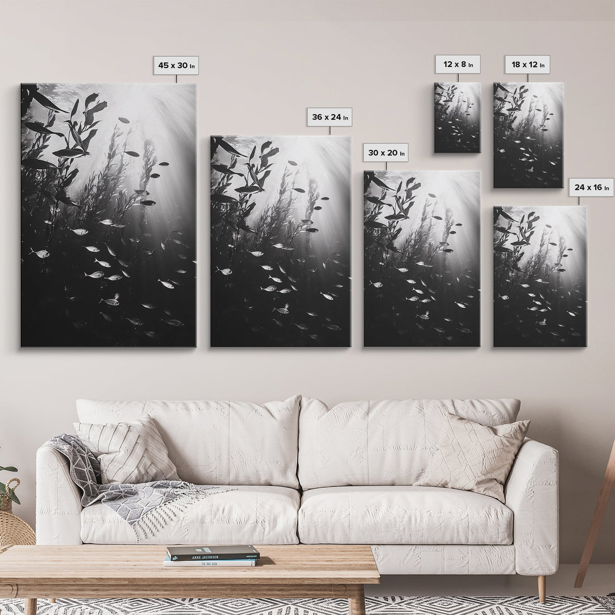 Kelp Forest Depth, Underwater Fish Scene, Ocean Life, Canvas Print, Marine Wall Art, Coastal Decor, Moody Nature Photography, Bathroom Art