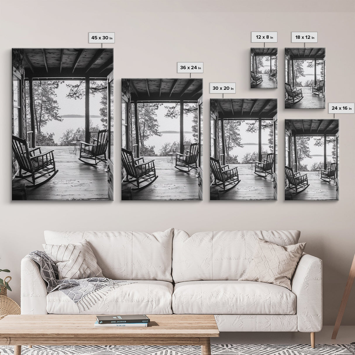 Rustic Porch View, Cabin Serenity, Lakefront Rocking Chairs, Framed Canvas Print, Farmhouse Wall Art, Living Room Decor, Fall Home Style