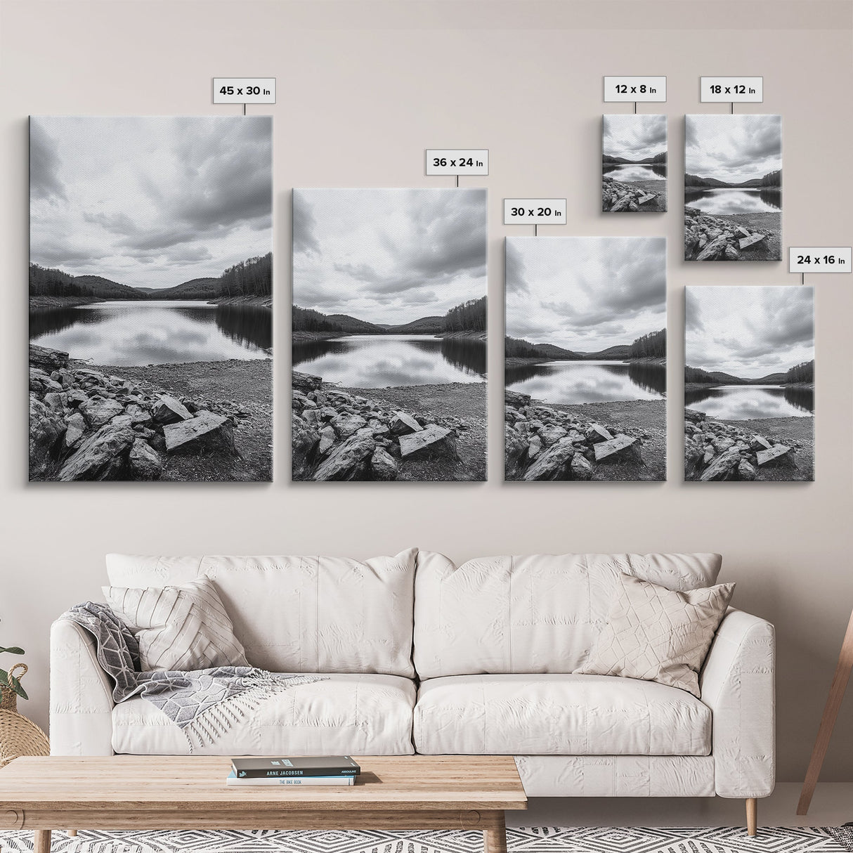 Misty Lake View, Peaceful Reflections, Nature Tranquility, Framed Canvas Print, Bedroom Wall Art, Black and White Landscape, Minimalist Art