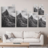 Lush Mountain Range, Cloud Covered Peaks, Jungle Tranquility, Framed Canvas Print, Entryway Wall Art, Black and White Nature, Boho Wall Art