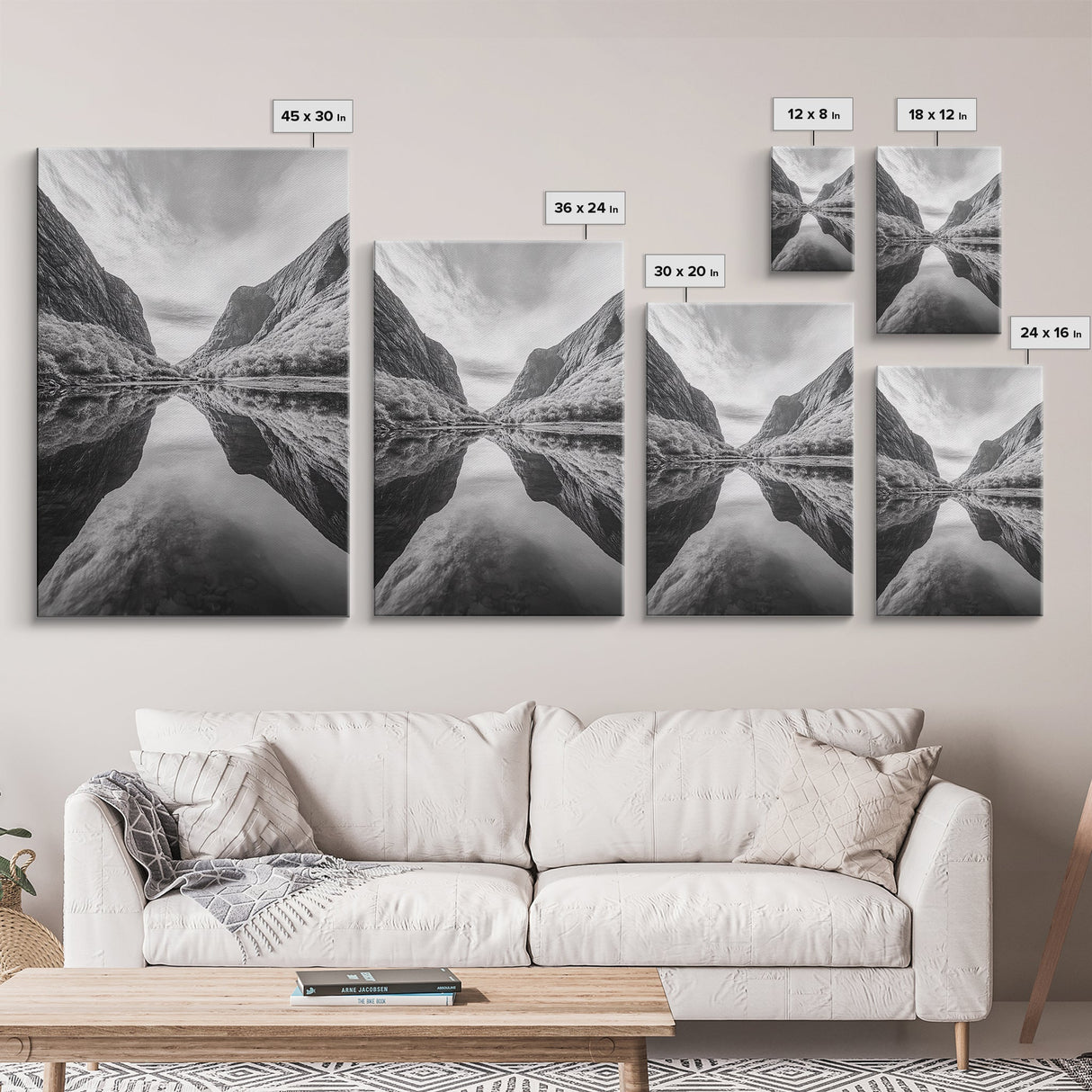 Fjord Reflection, Mountain Valley Calm, Mirror Lake, Canvas Print, Hallway Wall Art, Scandinavian Style Art, Black and White Minimalist
