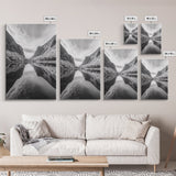 Fjord Reflection, Mountain Valley Calm, Mirror Lake, Canvas Print, Hallway Wall Art, Scandinavian Style Art, Black and White Minimalist