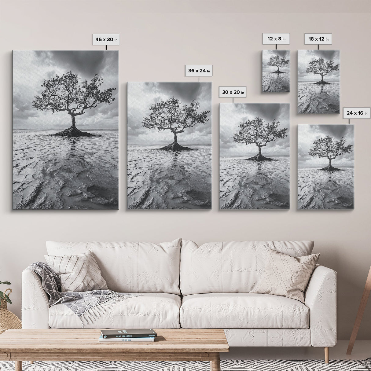 Lonely Tree, Coastal Roots, Ocean Breeze, Framed Canvas Print, Entryway Wall Art, Moody Nature Photography, Minimalist Earth Tones