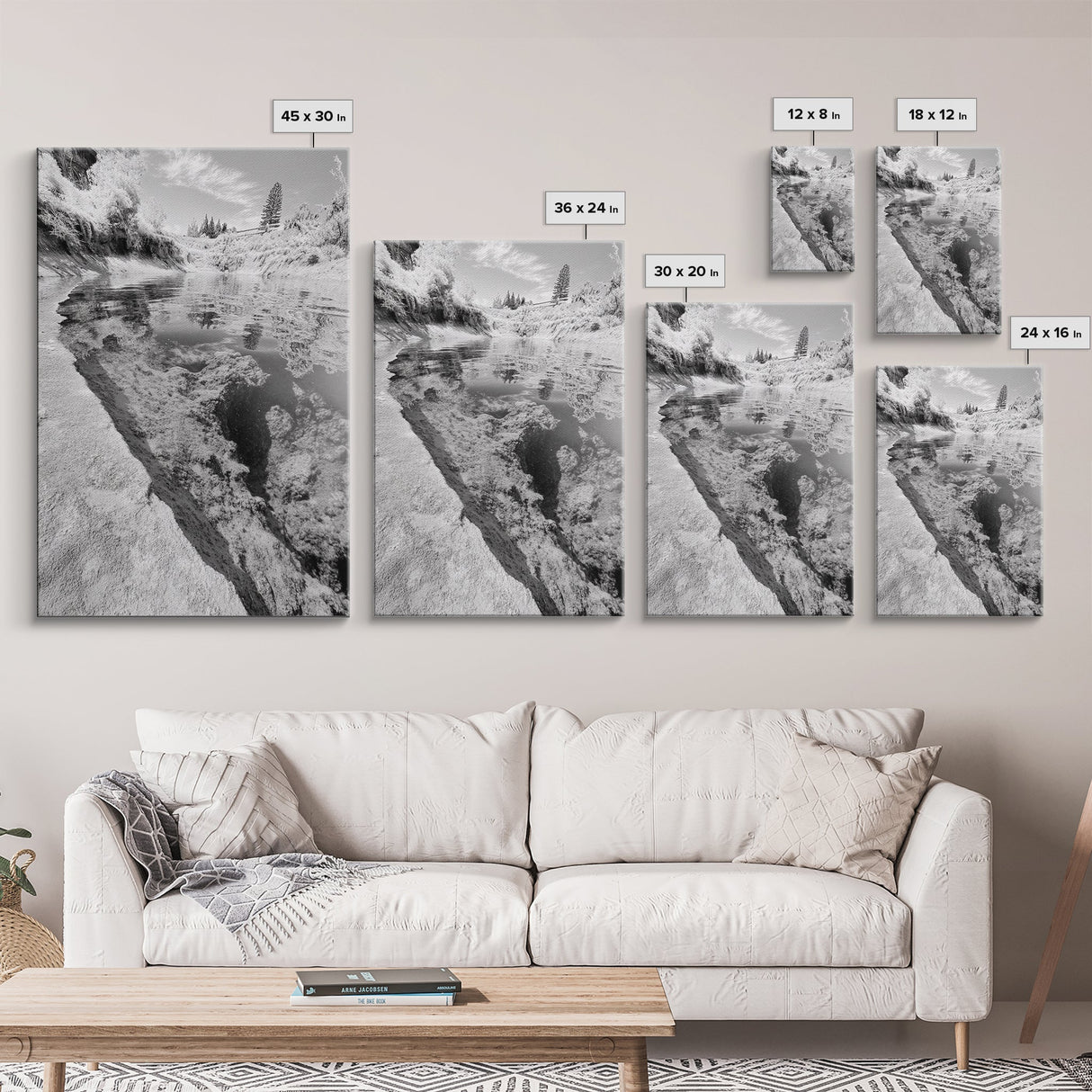 Reflective Riverbed, Nature Tranquility, Monochrome Landscape, Canvas Print, Bathroom Wall Art, Zen Decor, Fine Art Photography