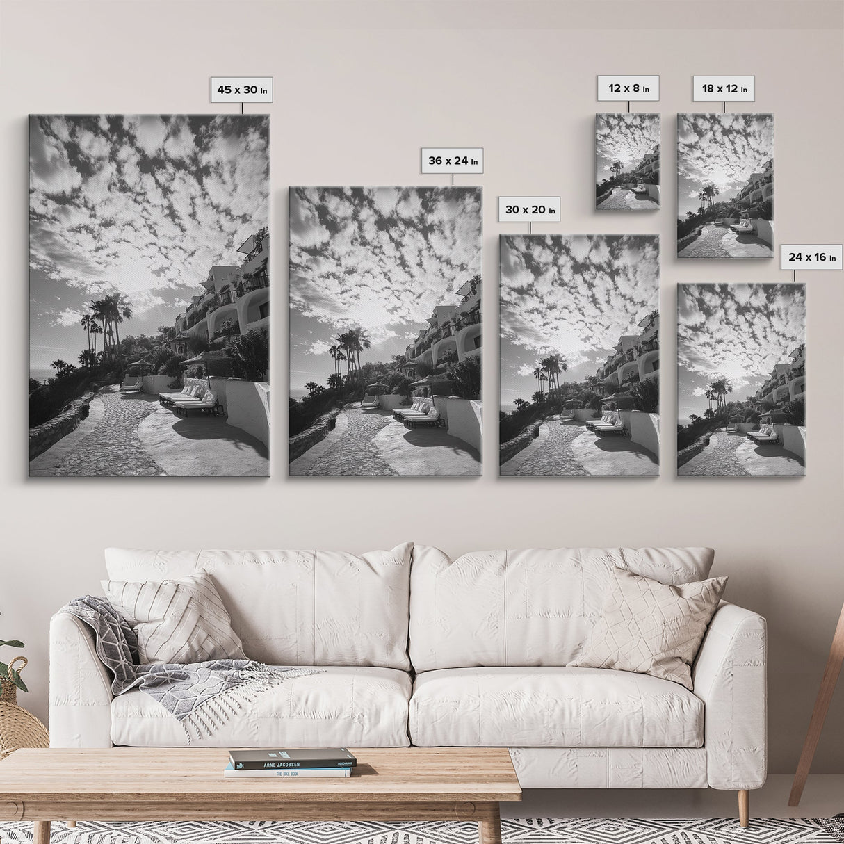 Mediterranean Villa, Palm Tree Art, Coastal Pathway, Framed Canvas Print, Living Room Decor, Summer Wall Art, Black and White Photography