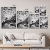 Mediterranean Villa, Palm Tree Art, Coastal Pathway, Framed Canvas Print, Living Room Decor, Summer Wall Art, Black and White Photography