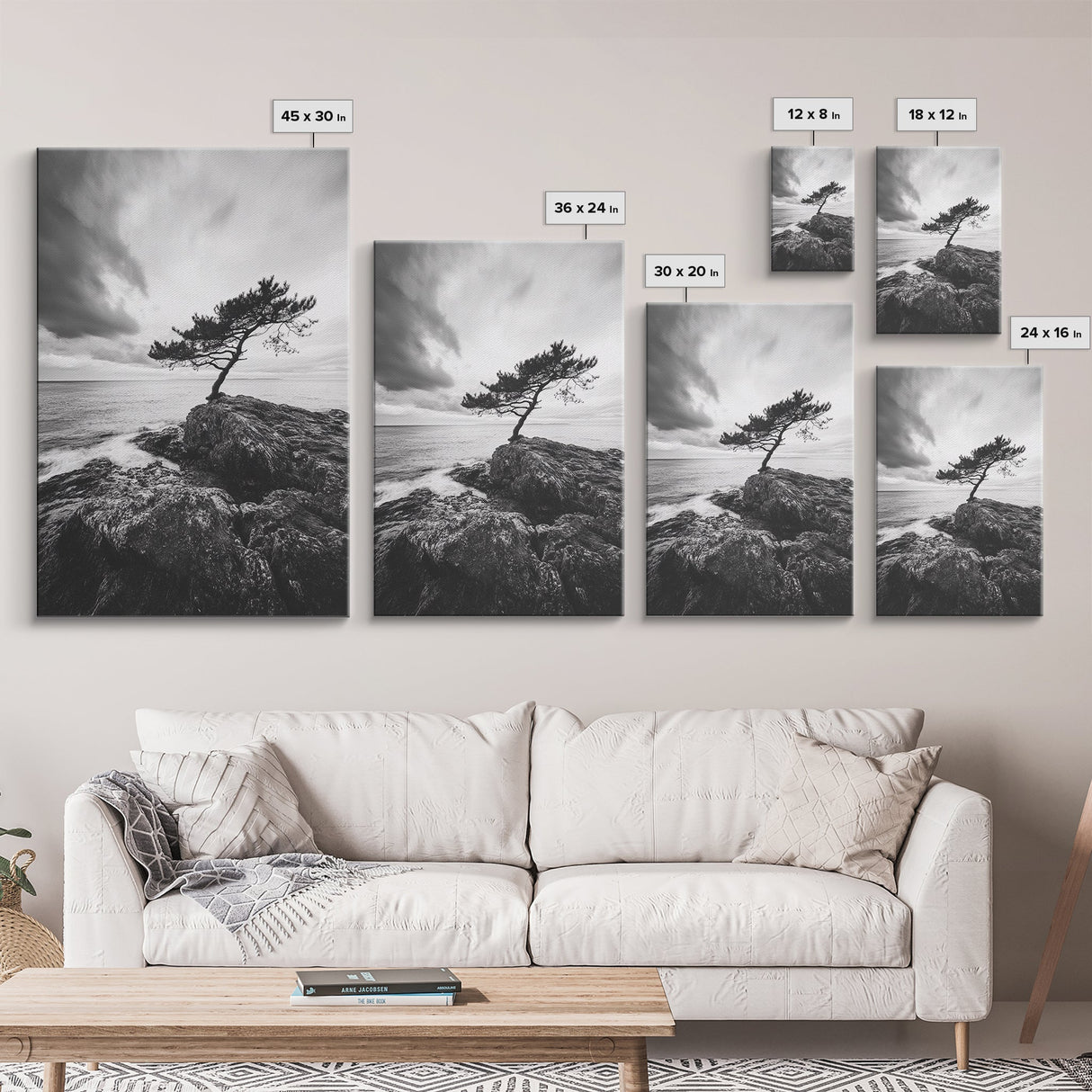 Lone Tree, Cliffside Ocean, Windy Coast Art, Framed Canvas Print, Bedroom Wall Art, Modern Nature Photography, Coastal Minimalist Decor
